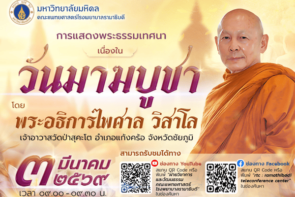 ขอเชิญรับชมการแสดงพระธรรมเทศนา เนื่องในวันมาฆบูชา โดย พระอธิการไพศาล วิสาโล วัดป่าสุคะโต จังหวัดชัยภูมิ