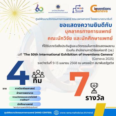 ขอแสดงความยินดีกับบุคลากรทางการแพทย์และนักศึกษาแพทย์ คณะแพทยศาสตร์โรงพยาบาลรามาธิบดี ในการเข้าร่วมประกวดและจัดแสดงสิ่งประดิษฐ์ ร่วมกับ สำนักงานการวิจัยแห่งชาติ (วช.) จากเวที “The 50th International Exhibition of Inventions Geneva” (Geneva 2025)
