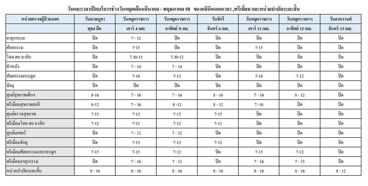 ตารางวันเปิดให้บริการผู้ป่วยช่วงวันหยุดเดือน มีนาคม-พฤษภาคม 2558