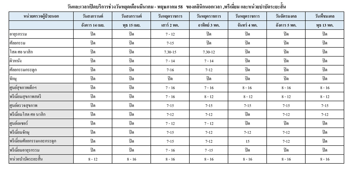 ตารางวันเปิดให้บริการผู้ป่วยช่วงวันหยุดเดือน มีนาคม-พฤษภาคม 2558