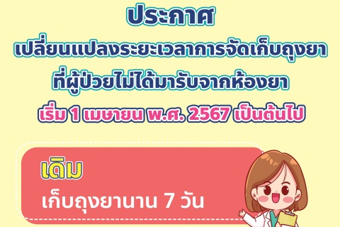 ประกาศ เปลี่ยนแปลงระยะเวลาการจัดเก็บถุงยาที่ผู้ป่วยไม่ได้มารับจากห้องยา