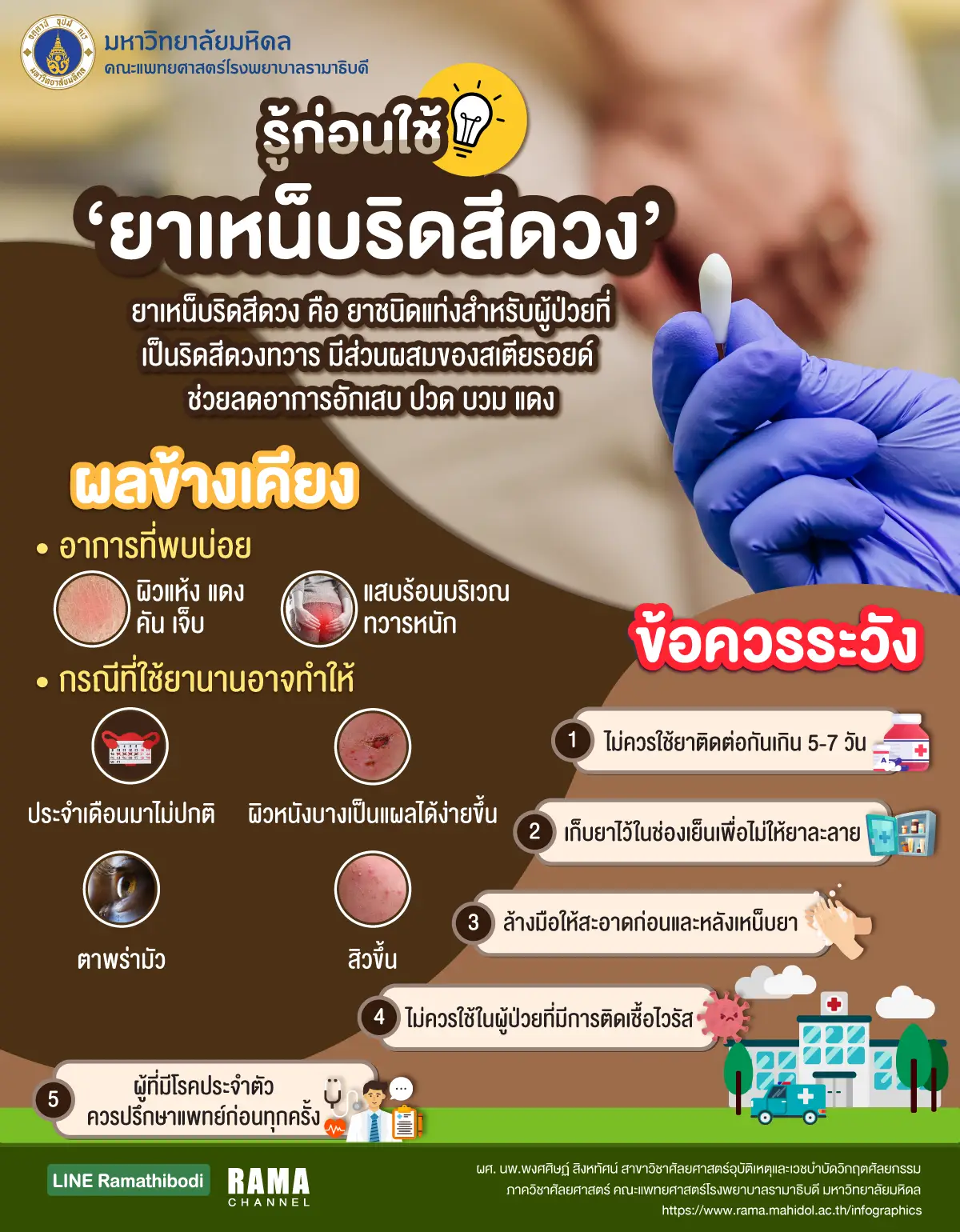 อินโฟกราฟิก เรื่อง ยาเหน็บริดสีดวง คือ ยาชนิดแท่งสำหรับผู้ป่วยที่เป็น ริดสีดวงทวาร มีส่วนผสมของสเตียรอยด์ช่วยลดอาการอักเสบ ปวด บวม แดง