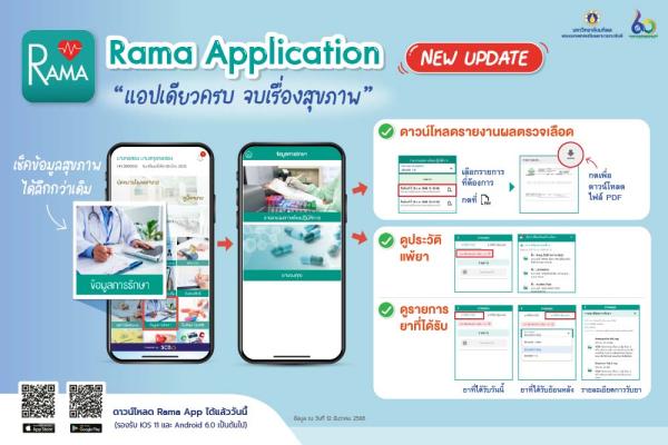 Rama Application New Update - ดาวน์โหลดรายงานผลตรวจเลือด  - ดูประวัติแพ้ยา - ดูรายการยาที่ได้รับ