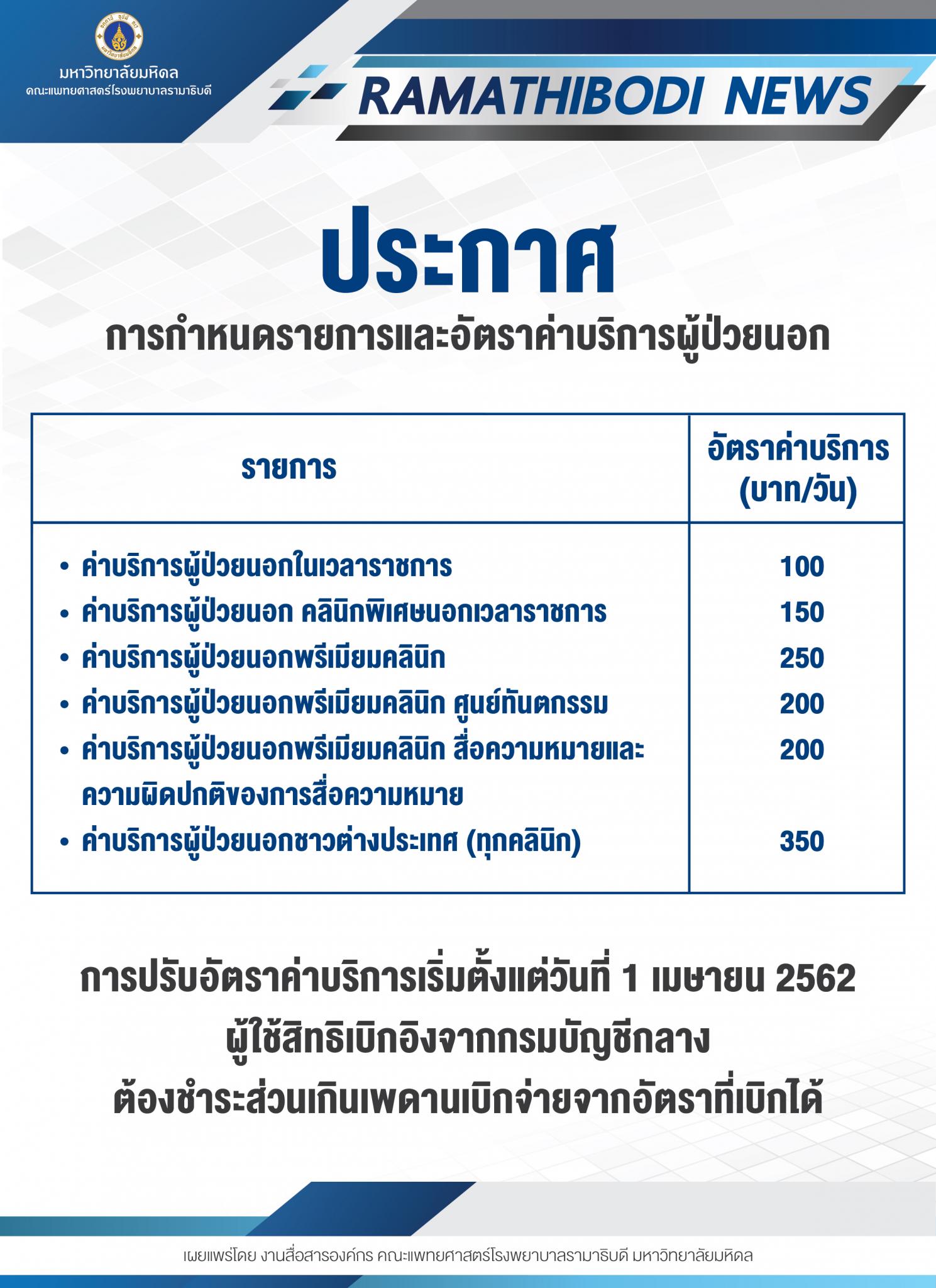 ประกาศ การกำหนดรายการและอัตราค่าบริการผู้ป่วยนอก