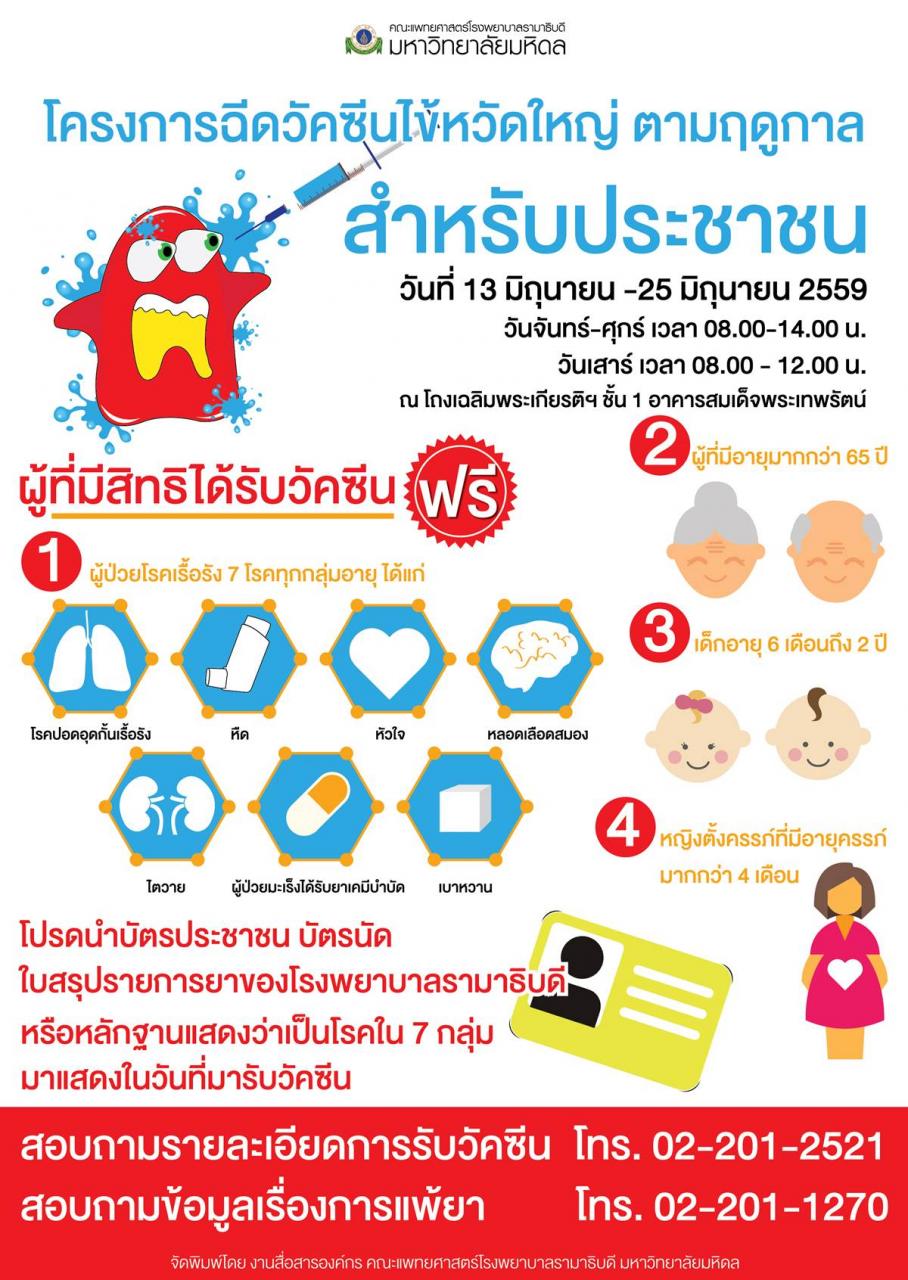 ฉีดวัคซีนไข้หวัดใหญ่ตามฤดูกาล ประจำปี 2559 ฟรี สำหรับประชาชนทั่วไป (ที่อยู่ในกลุ่มเสี่ยง)