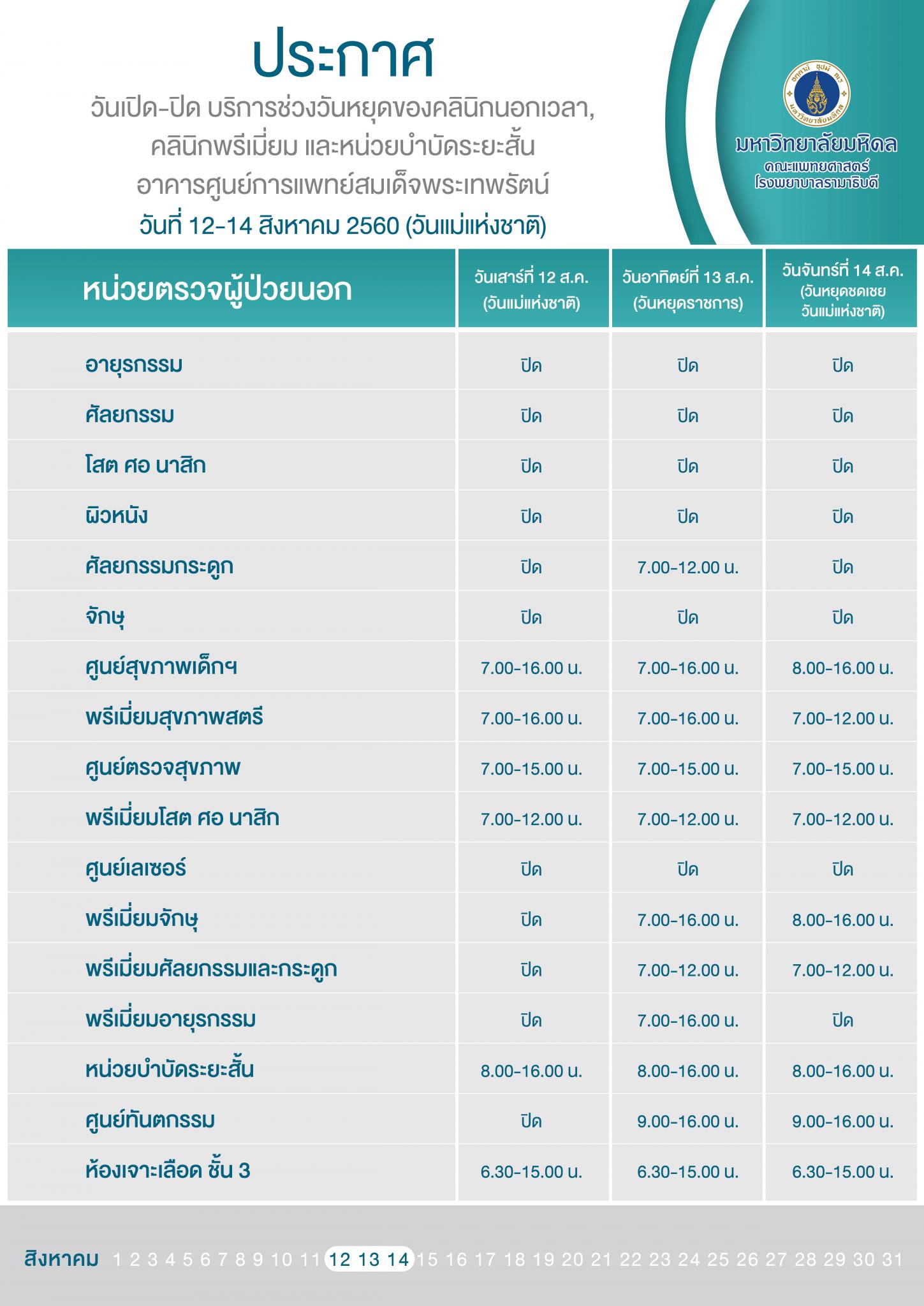 ประกาศ วันเปิด-ปิด บริการช่วงวันหยุดของคลินิกนอกเวลา, คลินิกพรี่เมี่ยม และหน่วยบำบัดระยะสั้น อาคารศูนย์การแพทย์สมเด็จพระเทพรัตน์