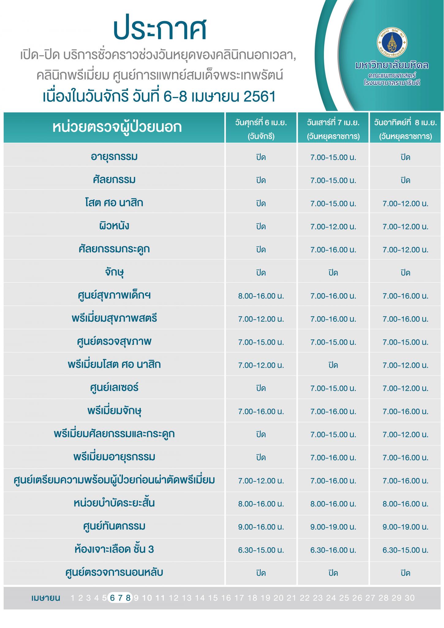 แจ้งวันเปิด-ปิด บริการชั่วคราวช่วงวันหยุด ในวันจักรี