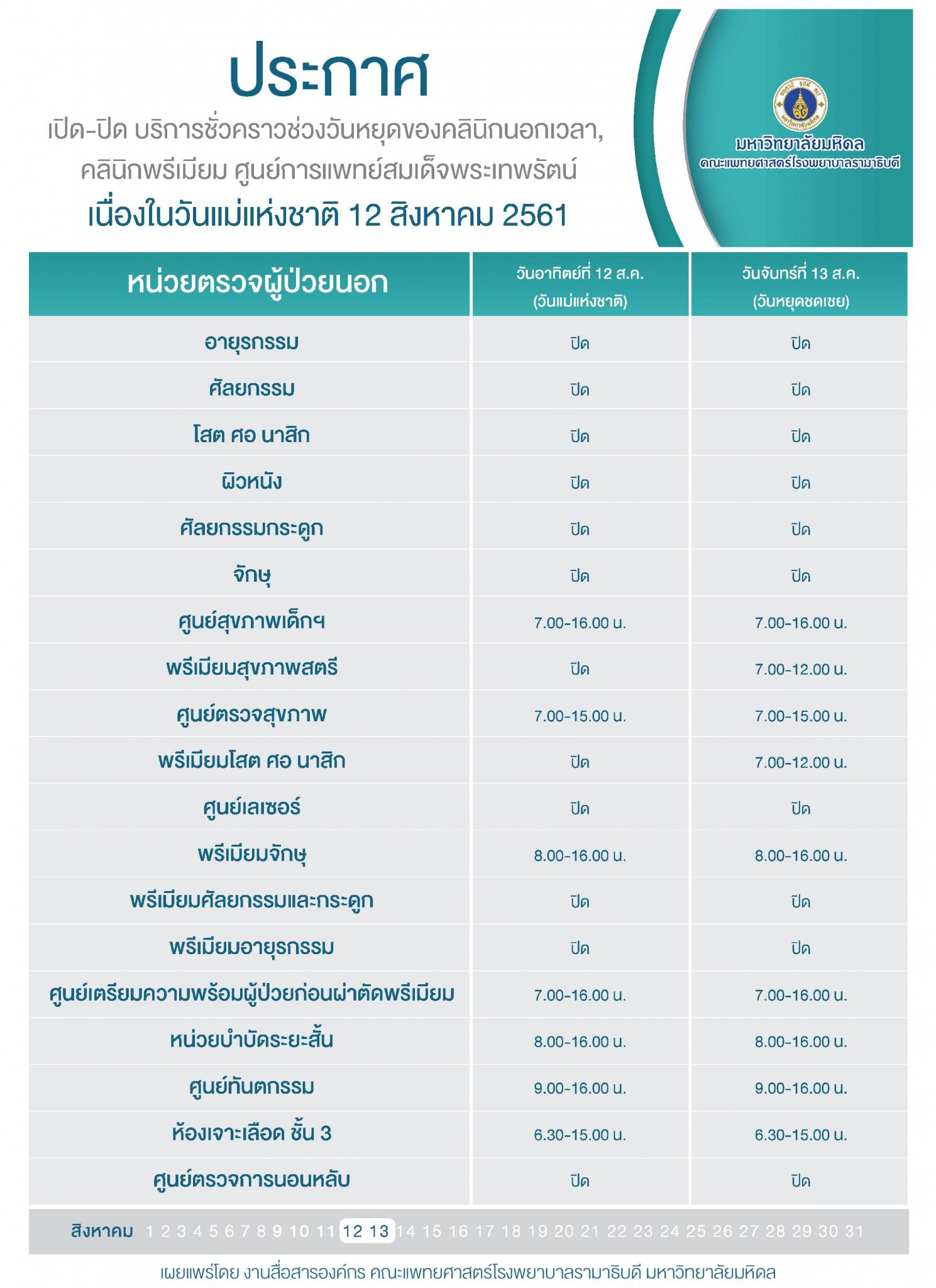 ประกาศเปิด-ปิด บริการชั่วคราว ศูนย์การแพทย์สมเด็จพระเทพรัตน์