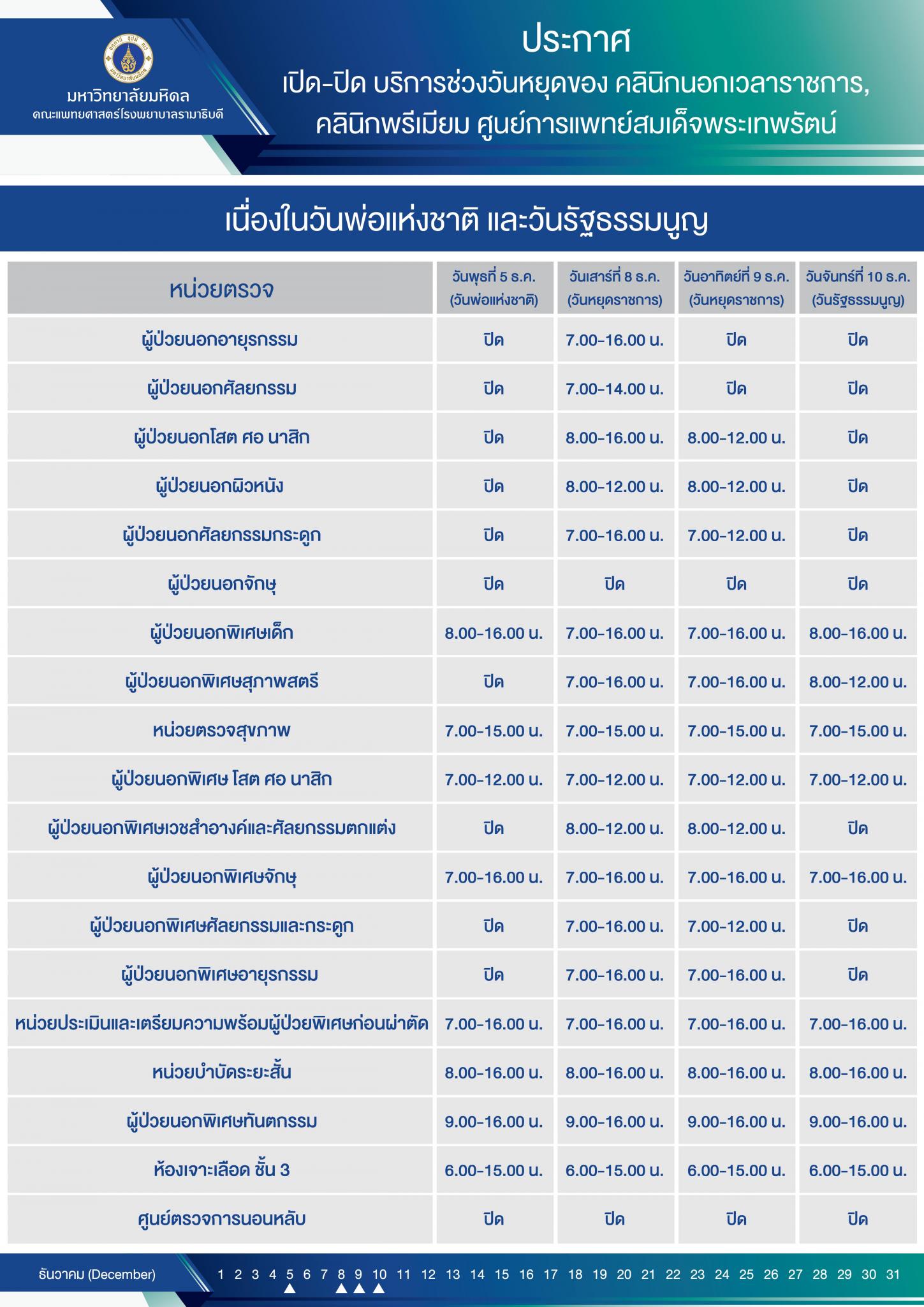 ประกาศวันเปิด - ปิด บริการช่วงวันหยุดของคลินิกนอกเวลา คลินิกพรีเมียม และหน่วยบำบัดระยะสั้น