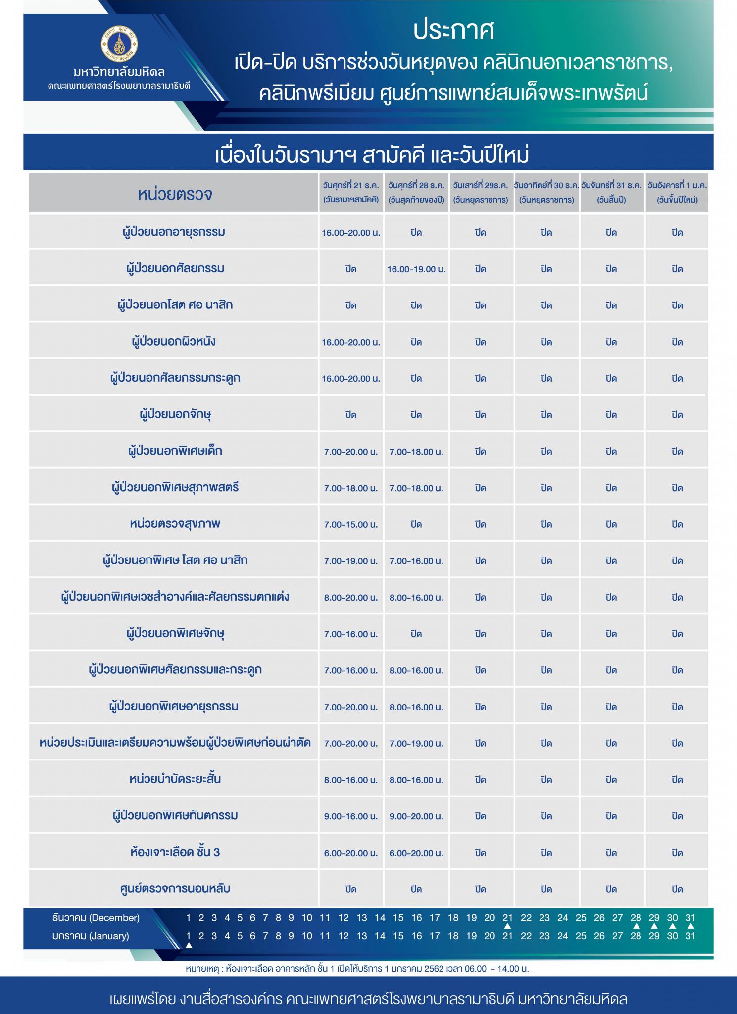 ประกาศวันเปิด - ปิด บริการช่วงวันหยุดของคลินิกนอกเวลาราชการ คลินิกพรีเมียม 