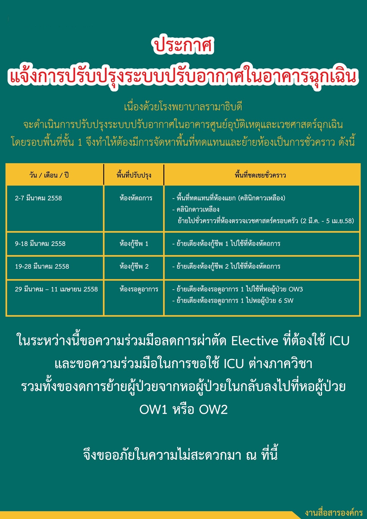 แจ้งการปรับปรุงระบบปรับอากาศในอาคารฉุกเฉิน