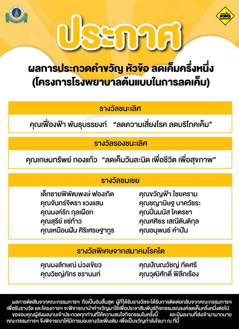 ผลการประกวดคำขวัญ หัวข้อ ลดเค็มครึ่งหนึ่ง