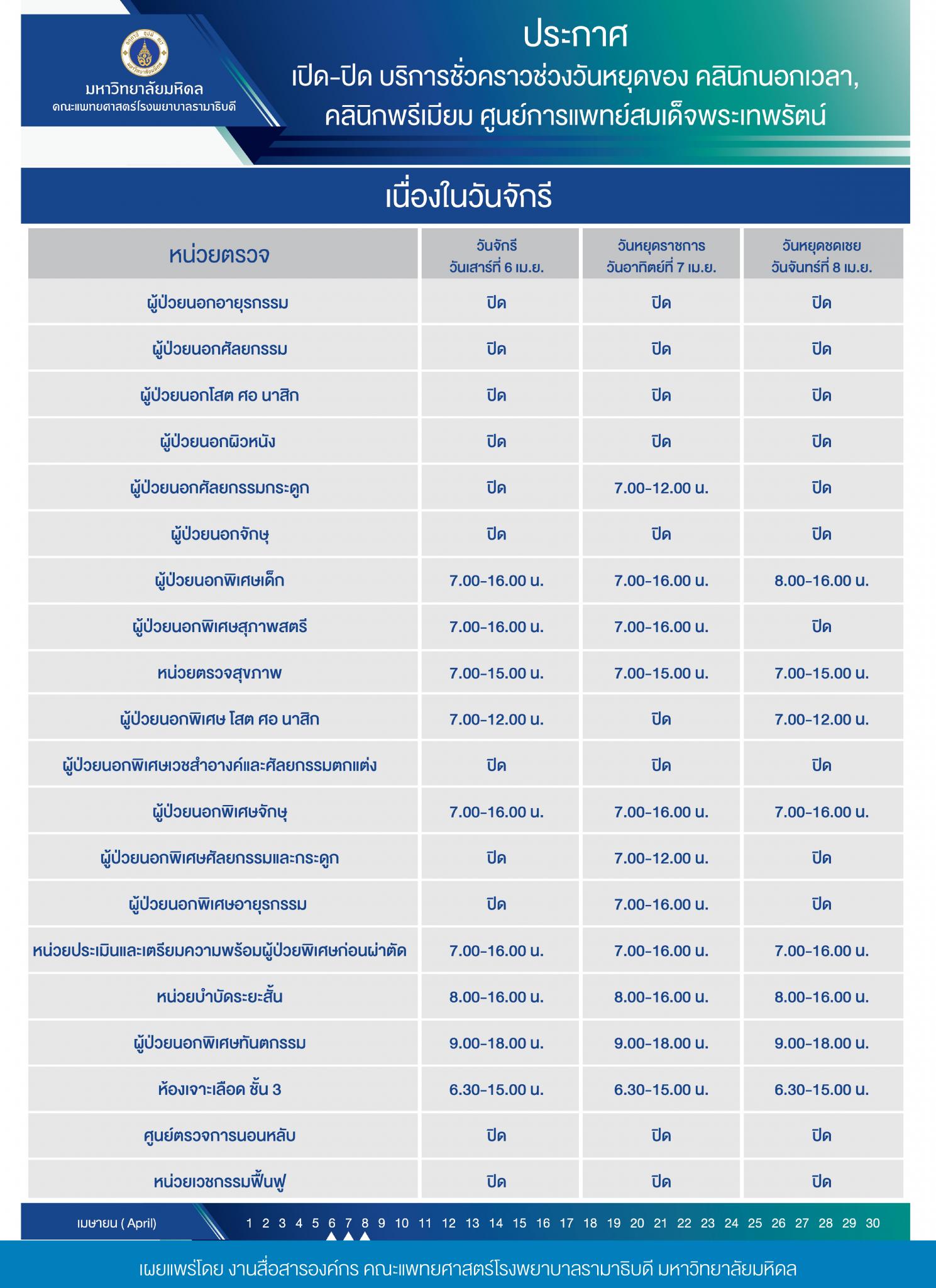 ประกาศ เปิด - ปิดบริการชั่วคราวช่วงวันหยุดของ คลินิกนอกเวลา คลินิกพรีเมียม ศูนย์การแพทย์สมเด็จพระเทพรัตน์ 