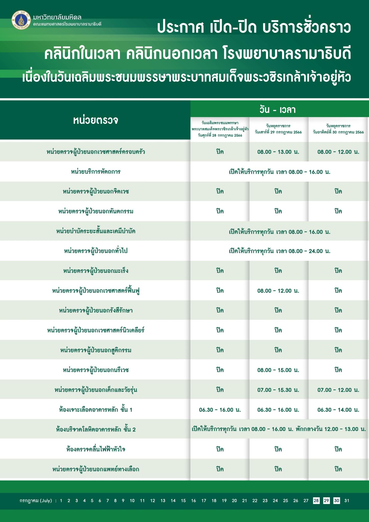 ประกาศ เปิด-ปิด บริการชั่วคราว คลินิกในเวลา คลินิกนอกเวลา คลินิกพรีเมียม อาคารสมเด็จพระเทพรัตน์ อาคารสิริกิติ์ และโรงพยาบาลรามาธิบดี