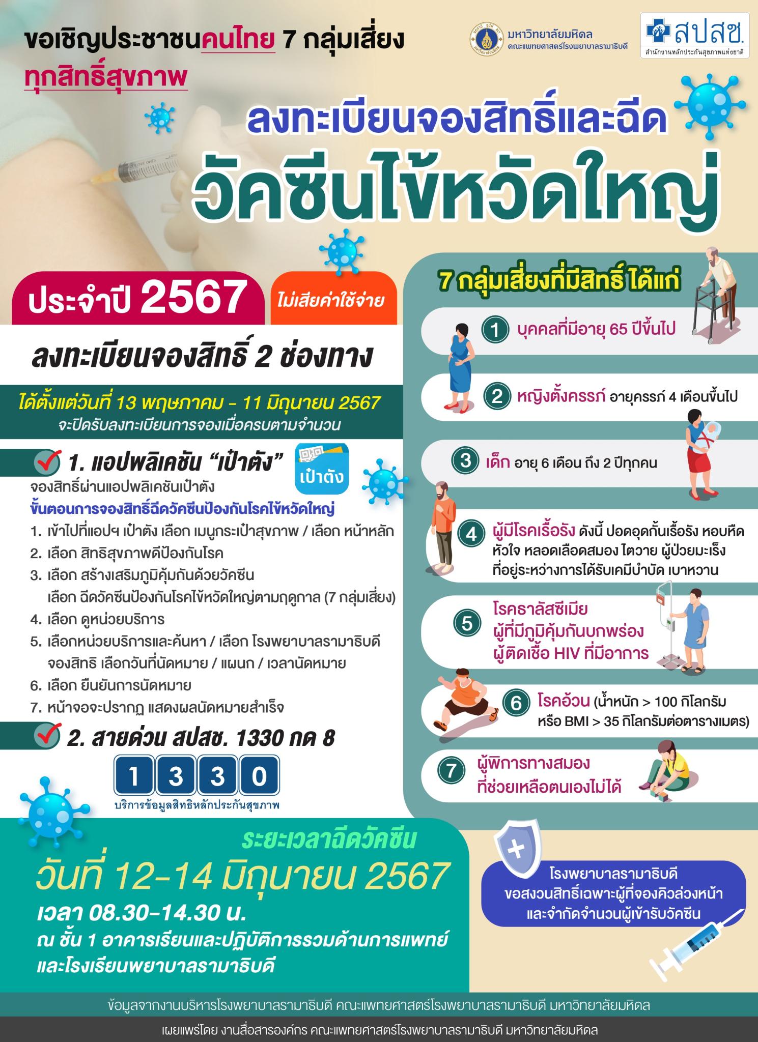 ขอเชิญประชาชนคนไทย 7 กลุ่มเสี่ยง ทุกสิทธิ์สุขภาพ ลงทะเบียนจองสิทธิ์และฉีดวัคซีนไข้หวัดใหญ่ประจำปี 2567 (ไม่เสียค่าใช้จ่าย)