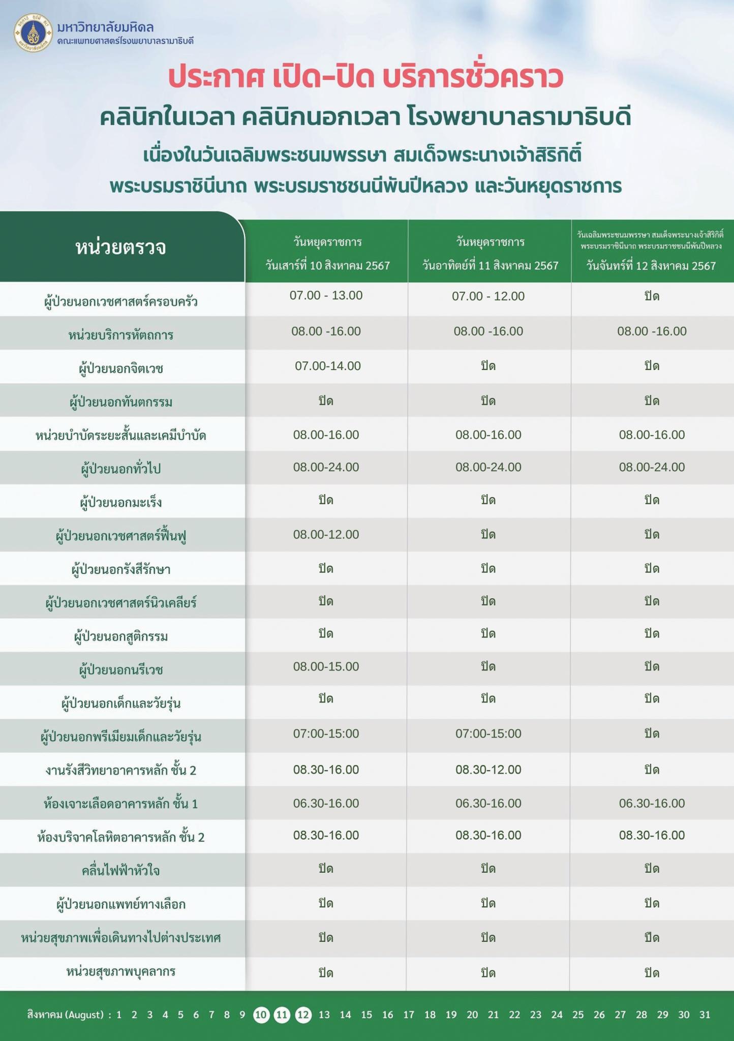 ประกาศ เปิด-ปิด บริการชั่วคราว คลินิกในเวลา คลินิกนอกเวลา คลินิกพรีเมียม อาคารสมเด็จพระเทพรัตน์ อาคารสิริกิติ์ และโรงพยาบาลรามาธิบดี
