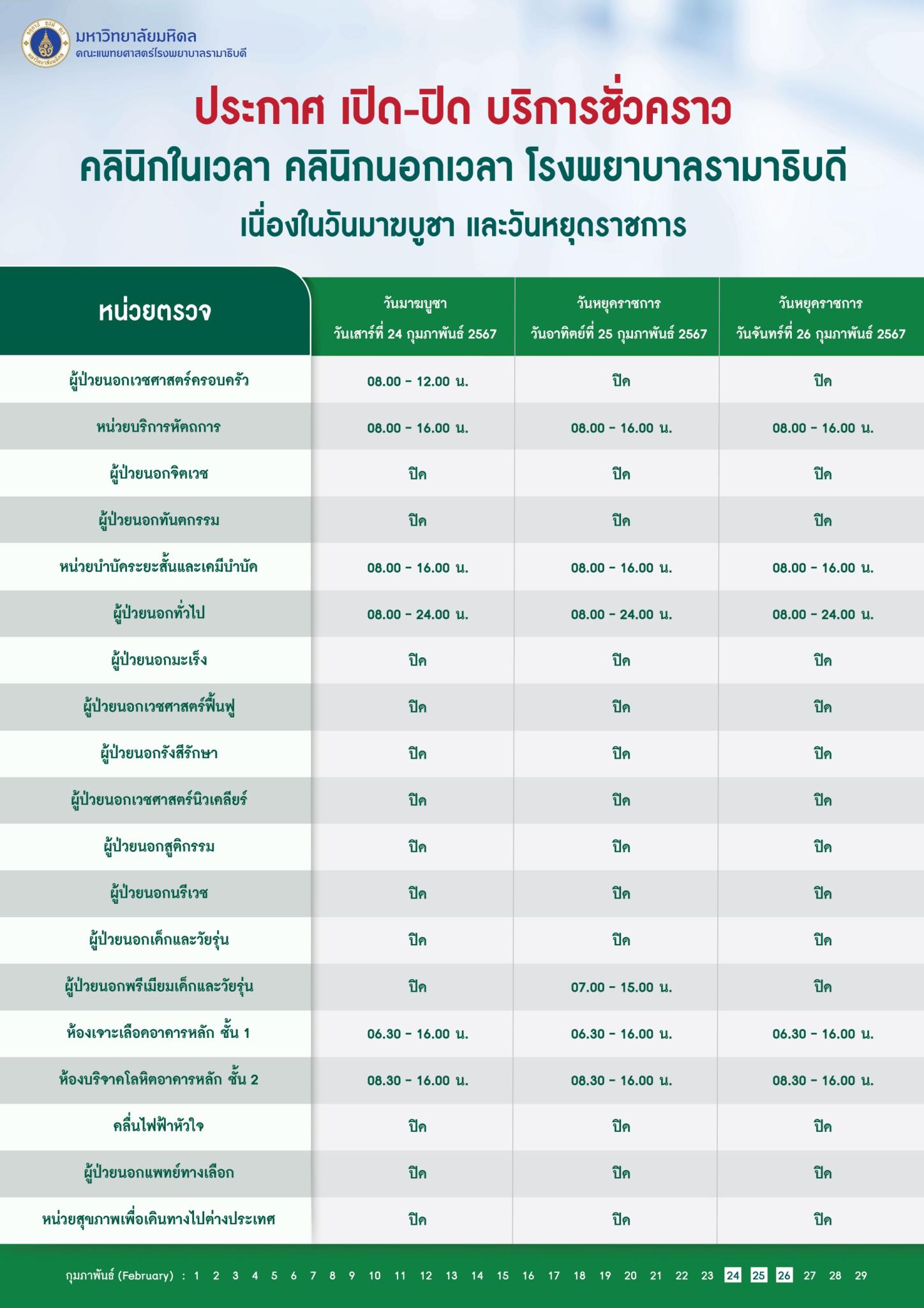 ประกาศ เปิด-ปิด บริการชั่วคราว คลินิกในเวลา คลินิกนอกเวลา คลินิกพรีเมียม อาคารสมเด็จพระเทพรัตน์ อาคารสิริกิติ์ และโรงพยาบาลรามาธิบดี