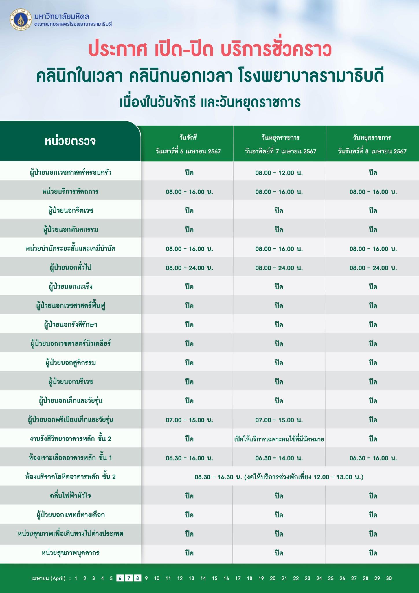 ประกาศ เปิด-ปิด บริการชั่วคราว คลินิกในเวลา คลินิกนอกเวลา คลินิกพรีเมียม อาคารสมเด็จพระเทพรัตน์ อาคารสิริกิติ์ และโรงพยาบาลรามาธิบดี