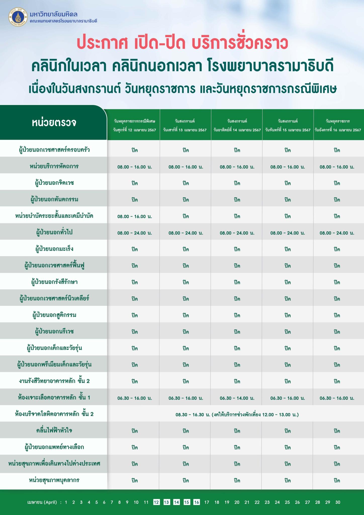 ประกาศ เปิด-ปิด บริการชั่วคราว คลินิกในเวลา คลินิกนอกเวลา คลินิกพรีเมียม อาคารสมเด็จพระเทพรัตน์ อาคารสิริกิติ์ และโรงพยาบาลรามาธิบดี