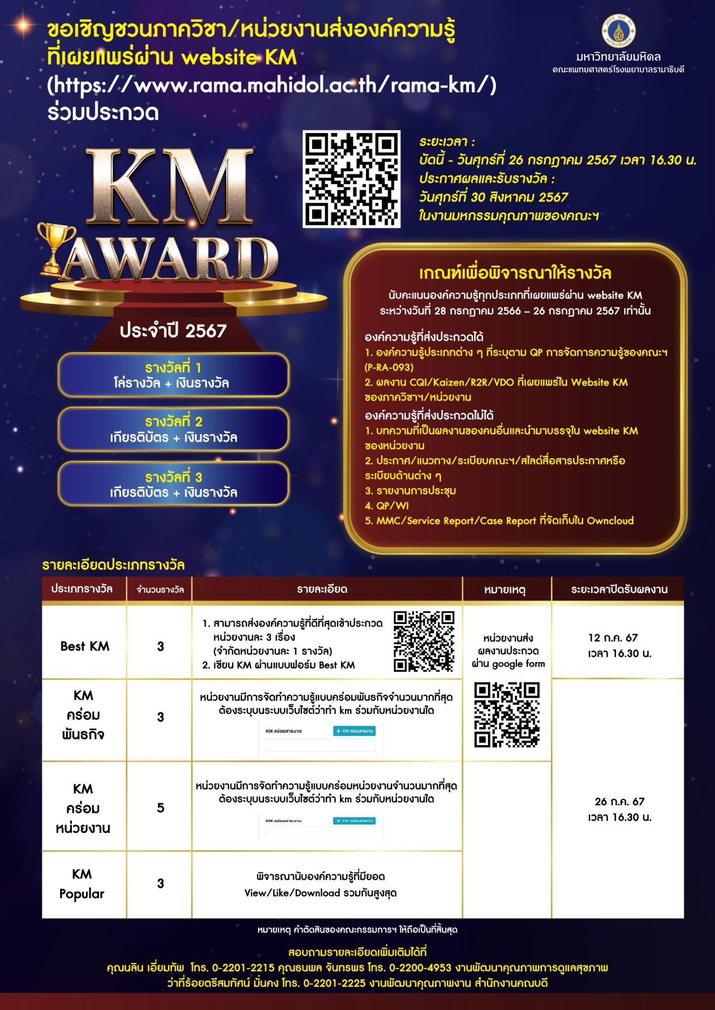 ขอเชิญชวนภาควิชา/หน่วยงานส่งองค์ความรู้ที่เผยแพร่ผ่าน website KM ร่วมประกวด KM AWARD ประจำปี 2567