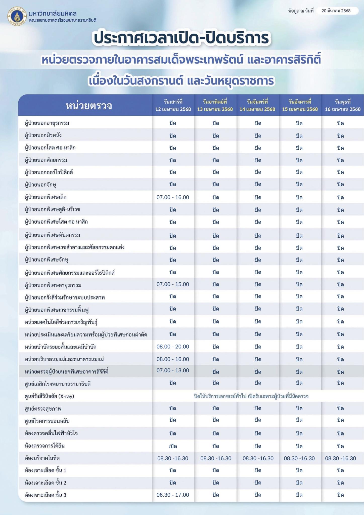 ประกาศเวลาเปิด-ปิดบริการ หน่วยตรวจภายในอาคารสมเด็จพระเทพรัตน์ อาคารสิริกิติ์ และอาคารโรงพยาบาลรามาธิบดี