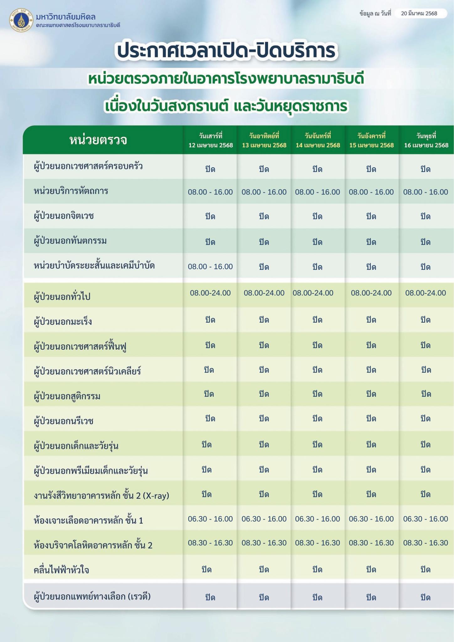 ประกาศเวลาเปิด-ปิดบริการ หน่วยตรวจภายในอาคารสมเด็จพระเทพรัตน์ อาคารสิริกิติ์ และอาคารโรงพยาบาลรามาธิบดี