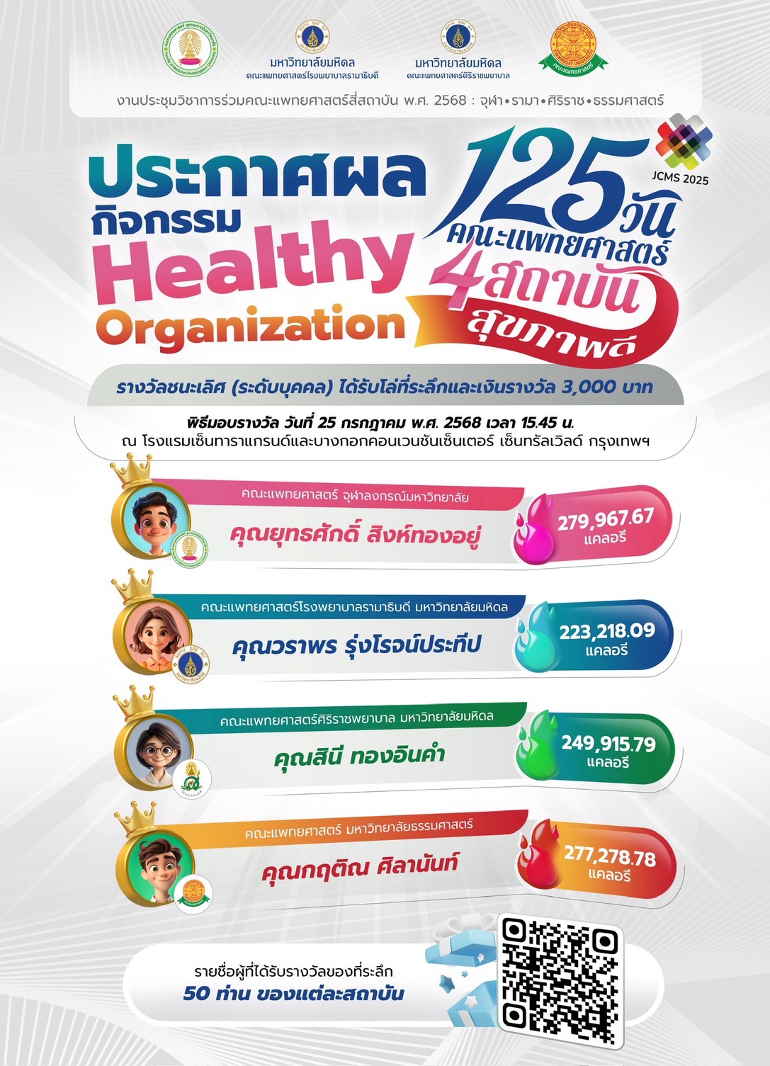ประกาศผล 125 วัน คณะแพทยศาสตร์ 4 สถาบัน สุขภาพดี กิจกรรม Healthy Organization