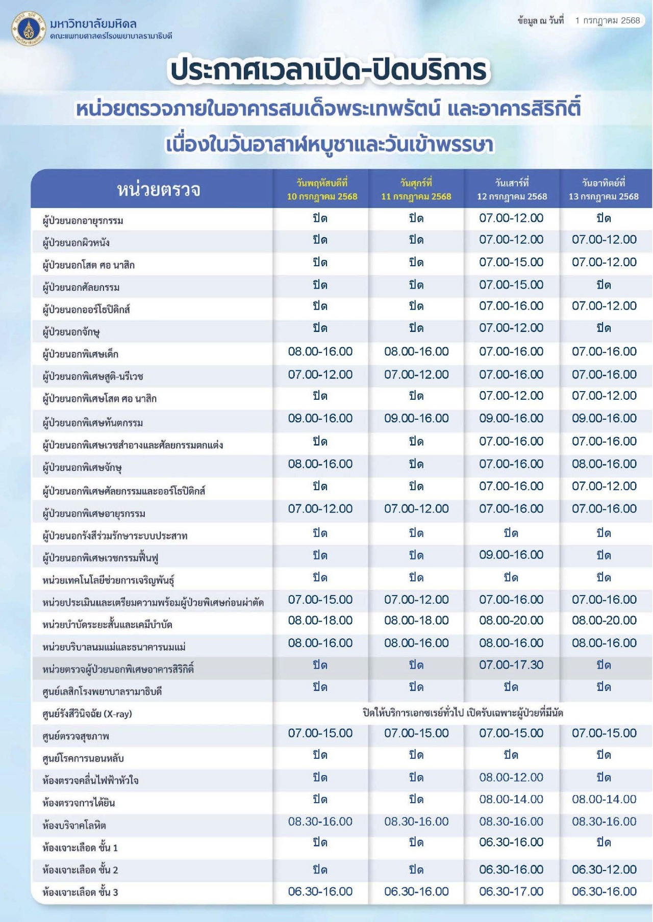 ประกาศเวลาเปิด-ปิดบริการ หน่วยตรวจภายในอาคารสมเด็จพระเทพรัตน์ อาคารสิริกิติ์ และโรงพยาบาลรามาธิบดี