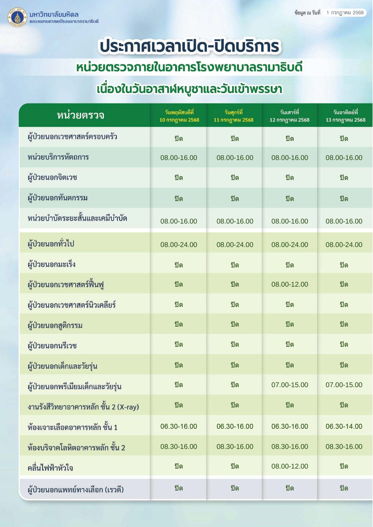 ประกาศเวลาเปิด-ปิดบริการ หน่วยตรวจภายในอาคารสมเด็จพระเทพรัตน์ อาคารสิริกิติ์ และโรงพยาบาลรามาธิบดี