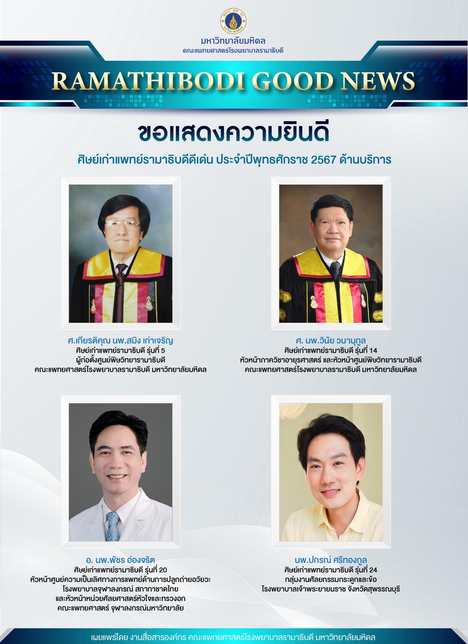 ขอแสดงความยินดี ศิษย์เก่าแพทย์รามาธิบดีดีเด่น ประจำปีพุทธศักราช 2567