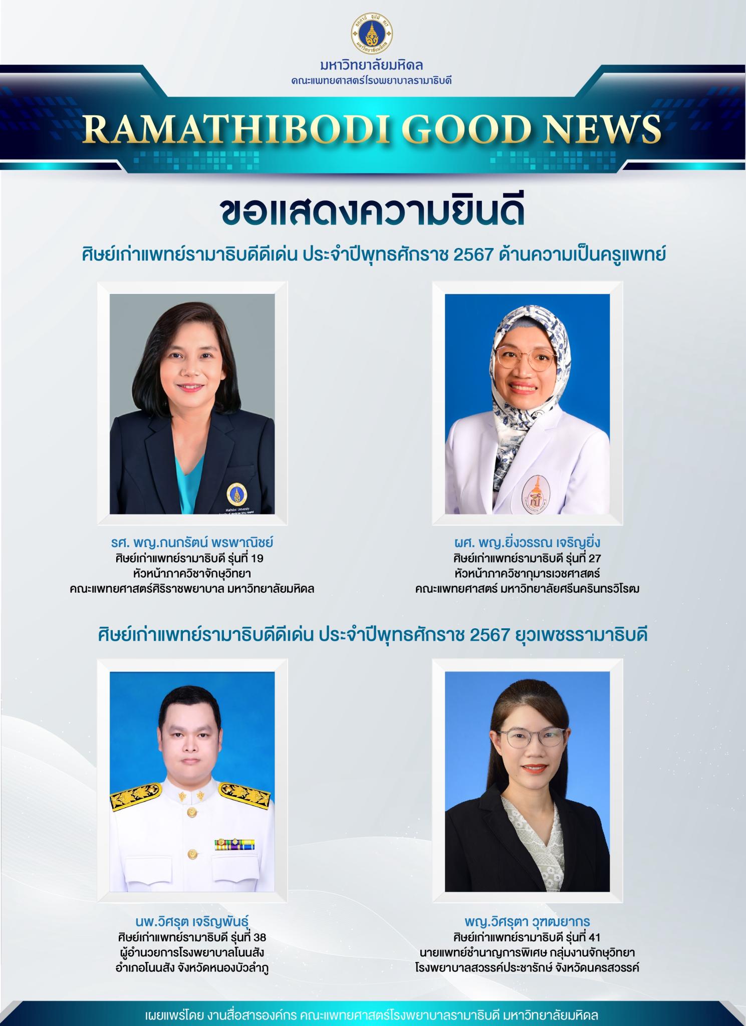 ขอแสดงความยินดี ศิษย์เก่าแพทย์รามาธิบดีดีเด่น ประจำปีพุทธศักราช 2567