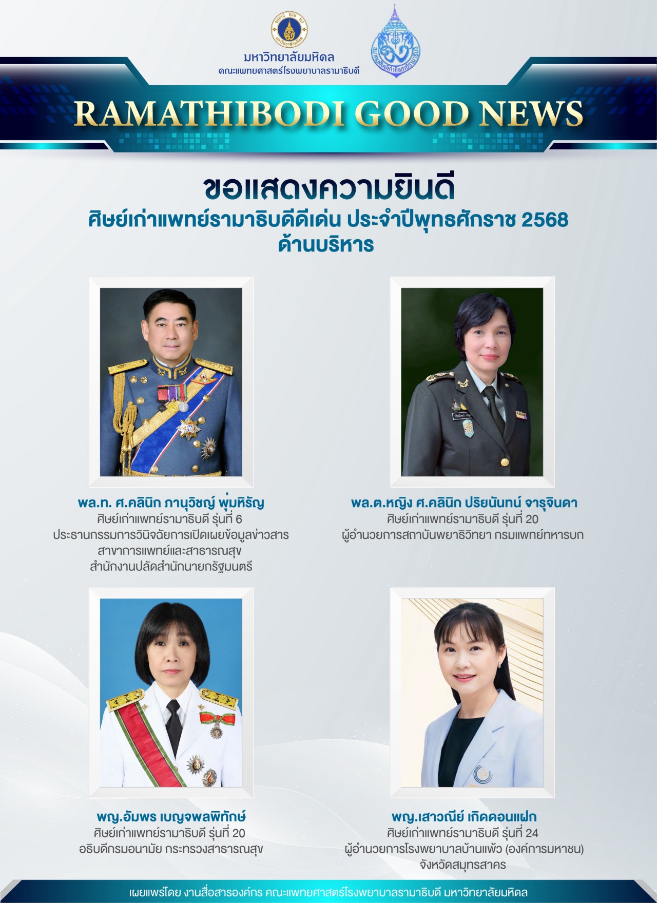 ขอแสดงความยินดี ศิษย์เก่าแพทย์รามาธิบดีดีเด่น ประจำปีพุทธศักราช 2568