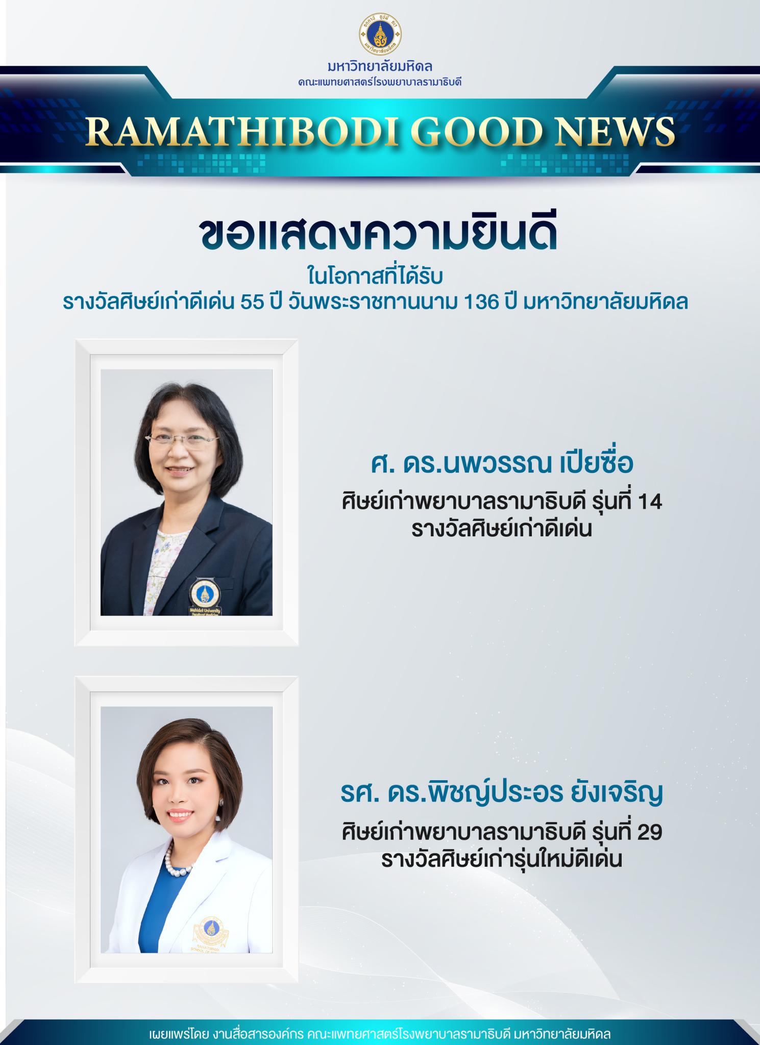 ขอแสดงความยินดี ในโอกาสที่ได้รับ รางวัลศิษย์เก่าดีเด่น 55 ปี วันพระราชทานนาม 136 ปี มหาวิทยาลัยมหิดล