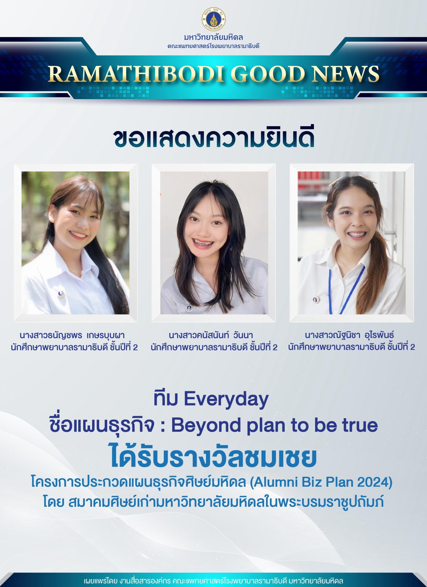 ขอแสดงความยินดี ทีม Everyday ชื่อแผนธุรกิจ : Beyond plan to be true