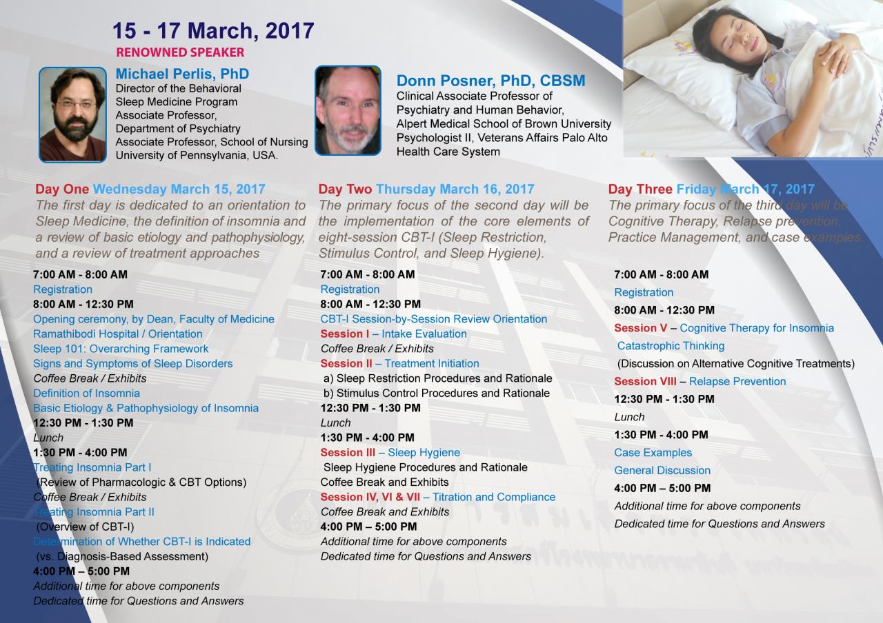 การประชุมวิชาการระดับนานาชาติ เรื่อง Bangkok International CBT-I Workshop 2017 Cognitive Behavioral Therapy for Insomnia