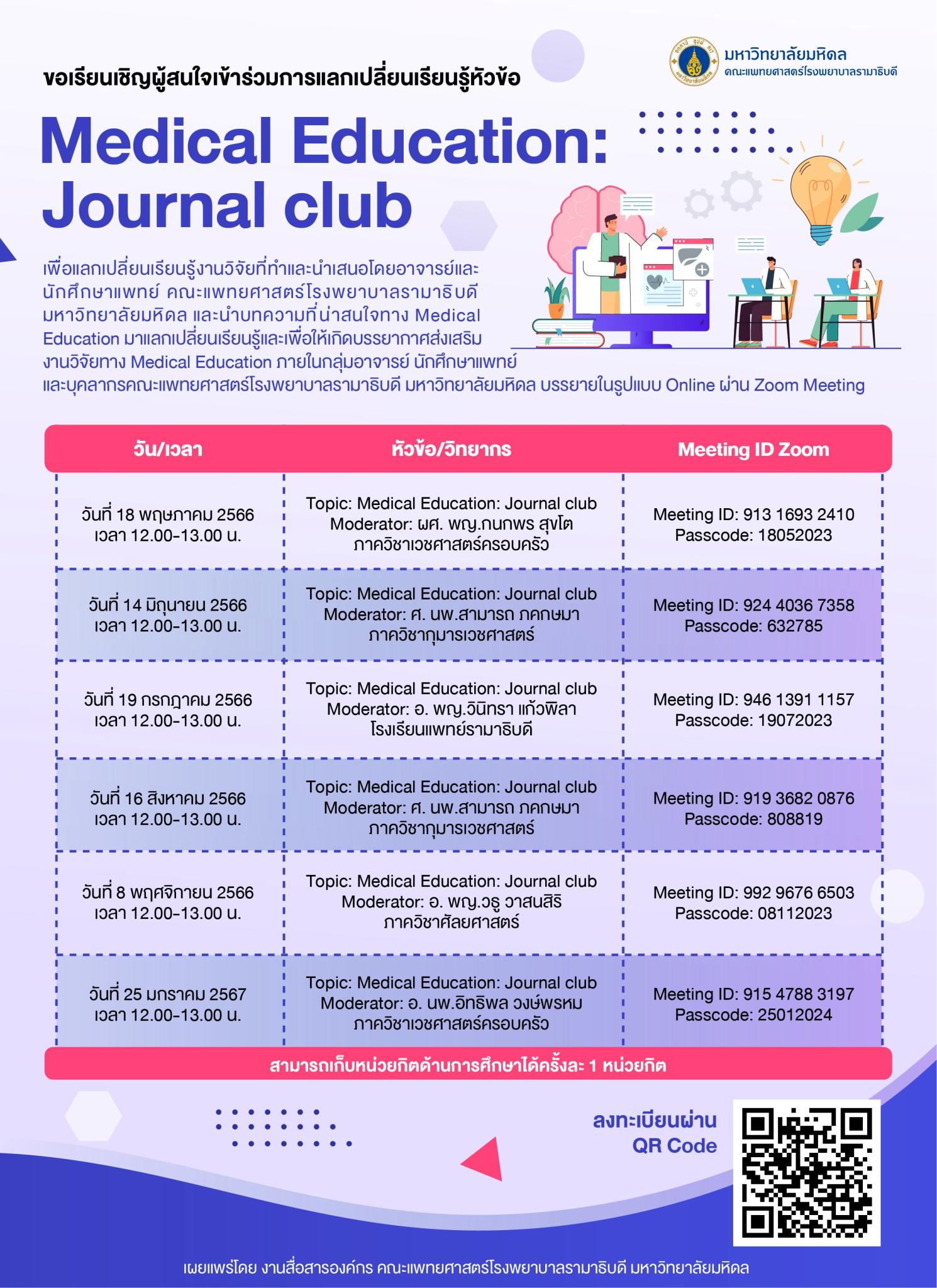 ขอเรียนเชิญผู้สนใจเจ้าร่วมการแลกเปลี่ยนเรียนรู้ หัวข้อ Medical Education: Journal club