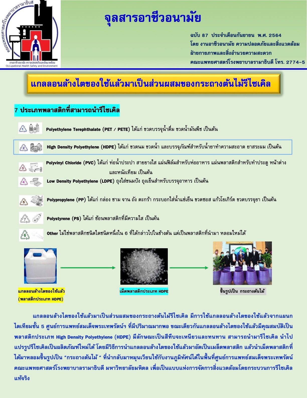 จุลสารอาชีวอนามัย ประจำเดือนกันยายน พ.ศ. 2564