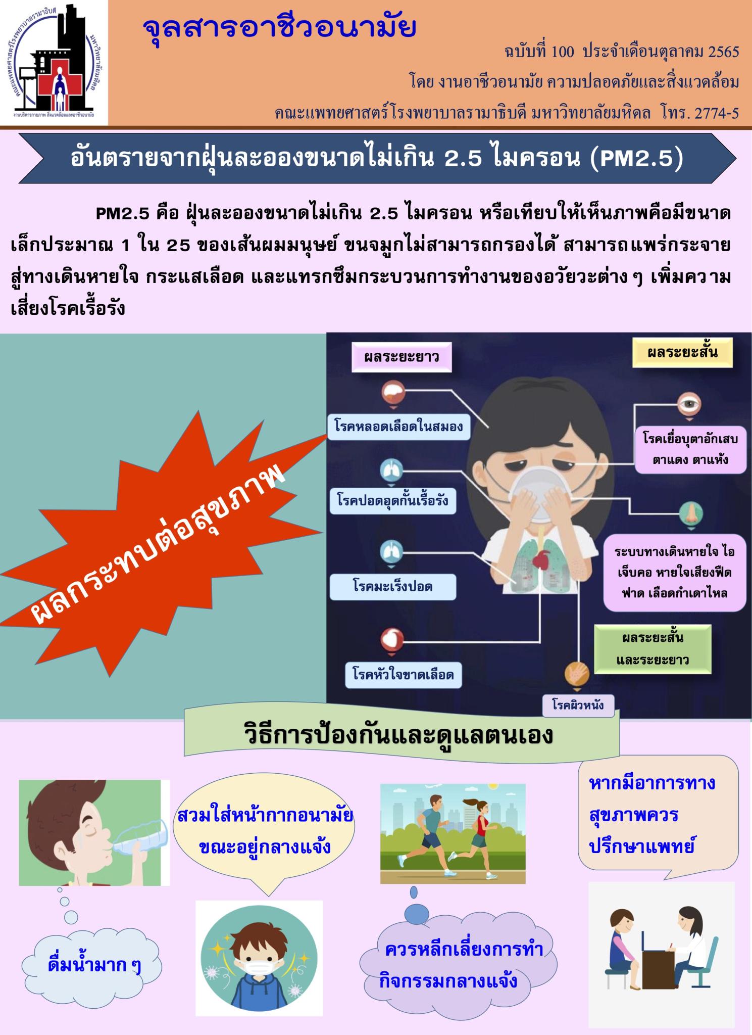 จุลสารอาชีวอนามัย ประจำเดือนตุลาคม พ.ศ. 2565 : อันตรายจากฝุ่นละอองขนาดไม่เกิน 2.5 ไมครอน (PM 2.5)