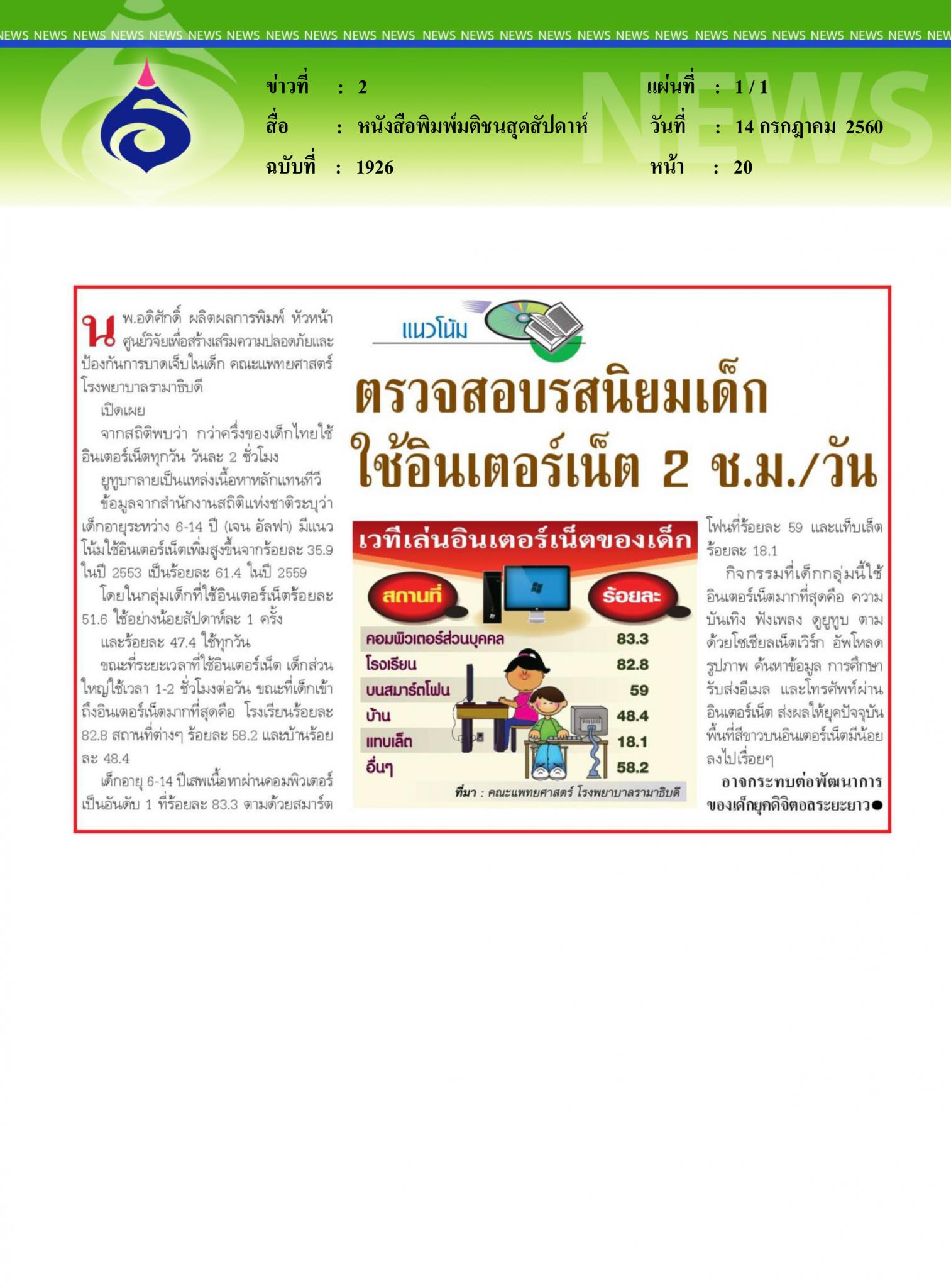 หนังสือพิมพ์มติชนสุดสัปดาห์, ตรวจสอบรสนิยมเด็ก ใช้อินเตอร์เน็ต 2 ชมต่อวัน
