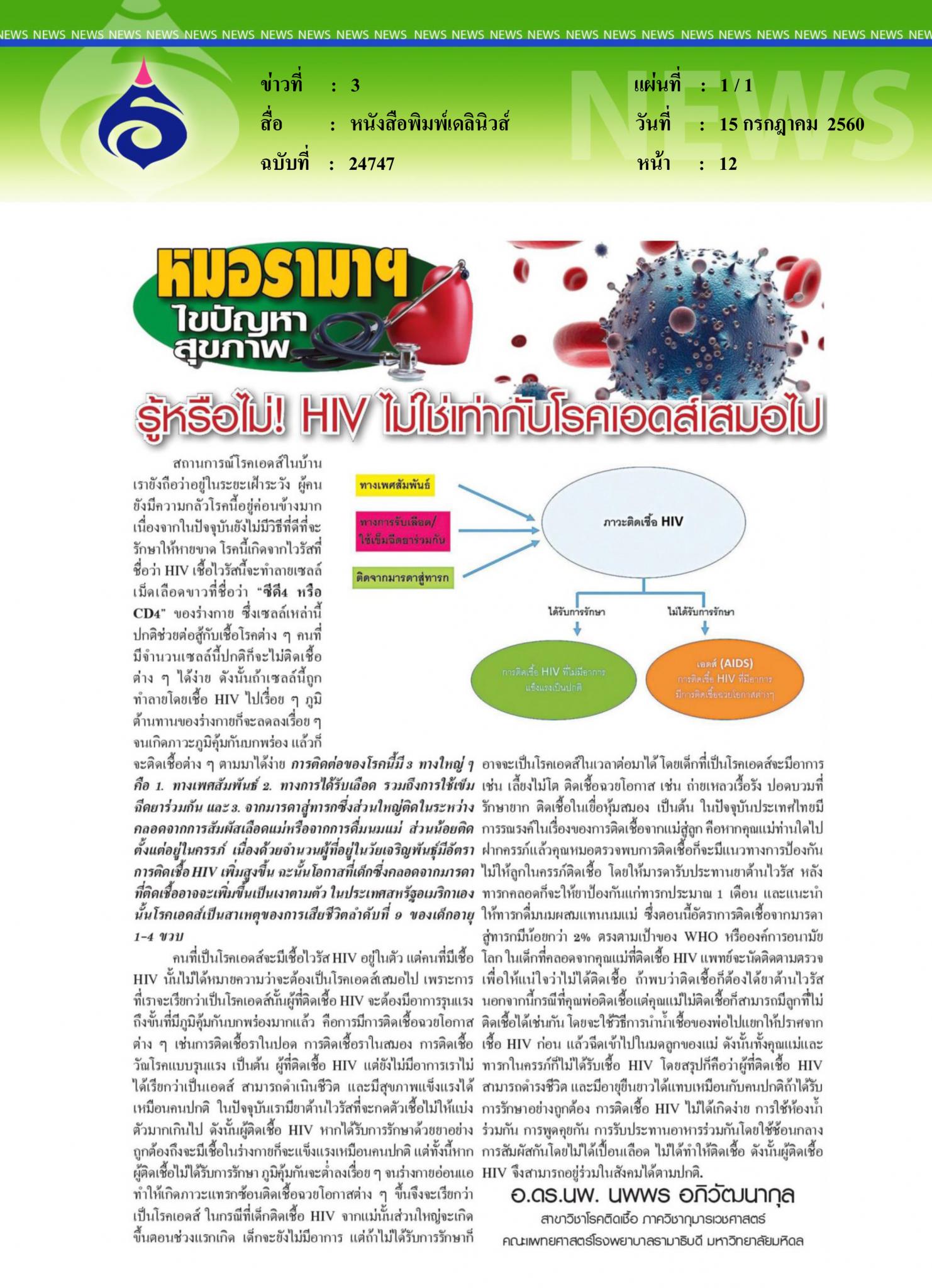 หนังสือพิมพ์เดลินิวส์, รู้หรือไม่ HIV ไม่ใช่เท่ากับโรคเอดส์เสมอไป