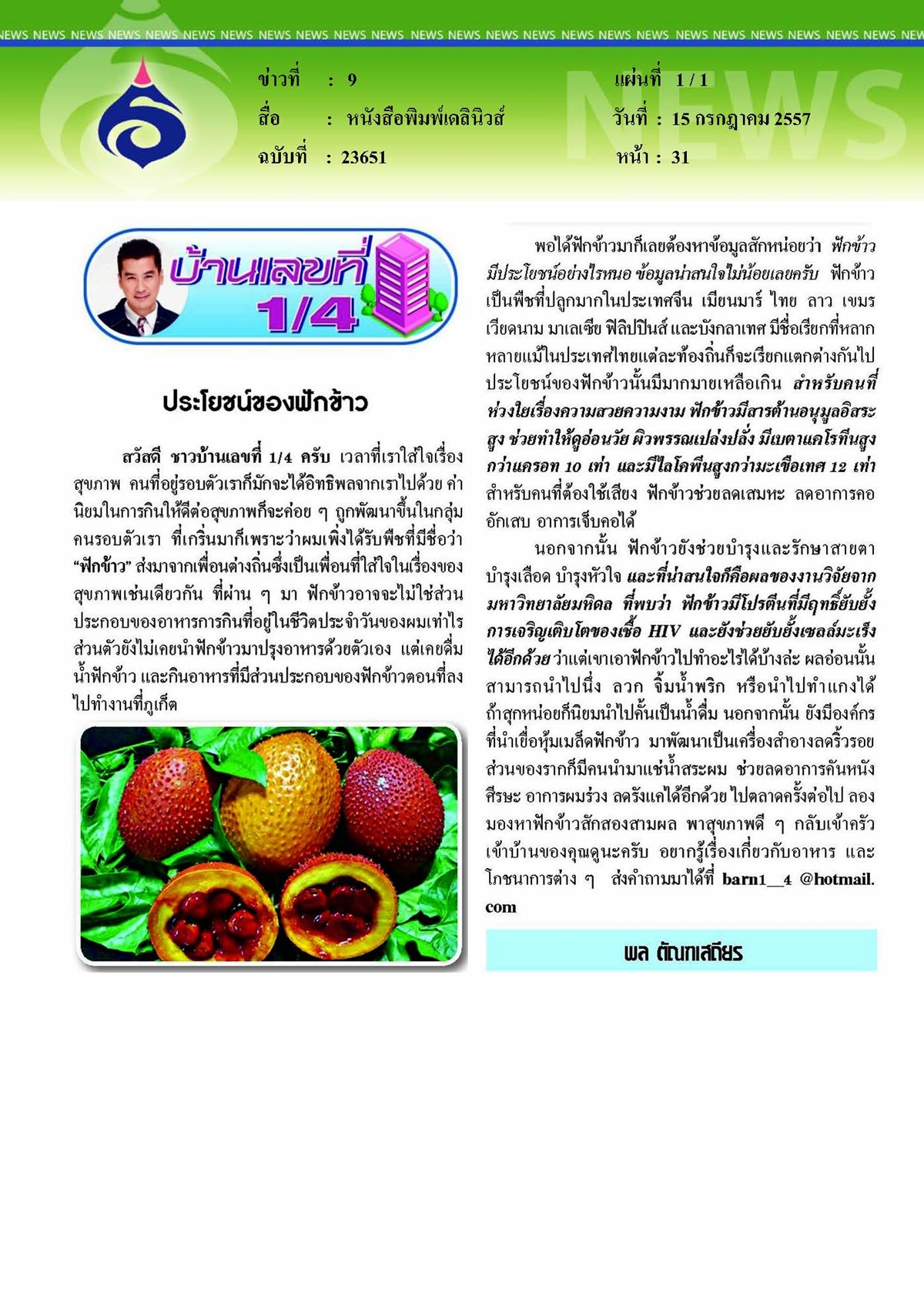 เดลินิวส์ : ประโยชน์ของฟักข้าว