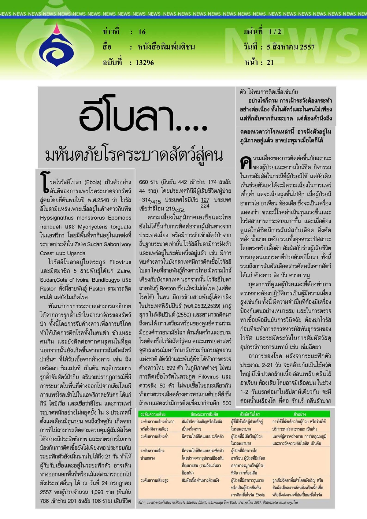 มติชน : อีโบลา....มหันตภัยโรคระบาดสัตว์สู่คน