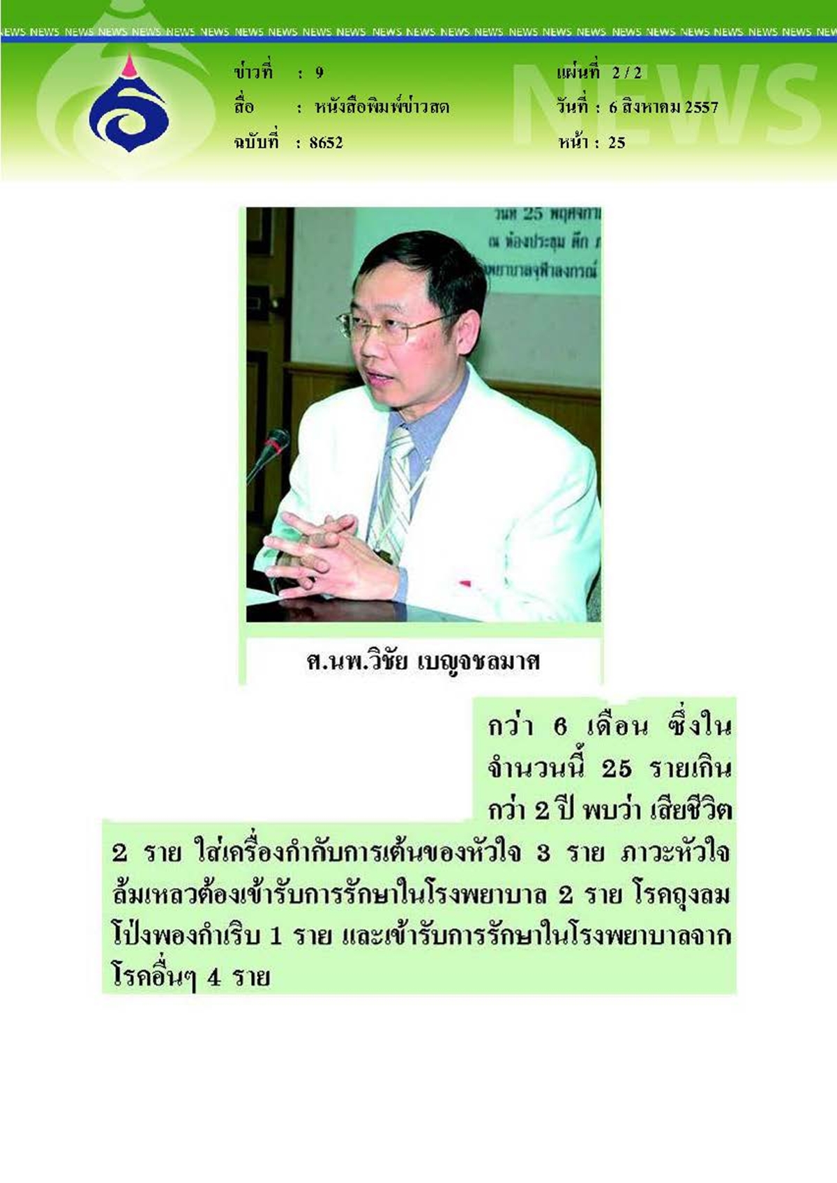 ข่าวสด : จุฬาฯ เปลี่ยนลิ้นหัวใจไม่ผ่าตัดลดความเสี่ยงผู้ป่วยสูงอายุ
