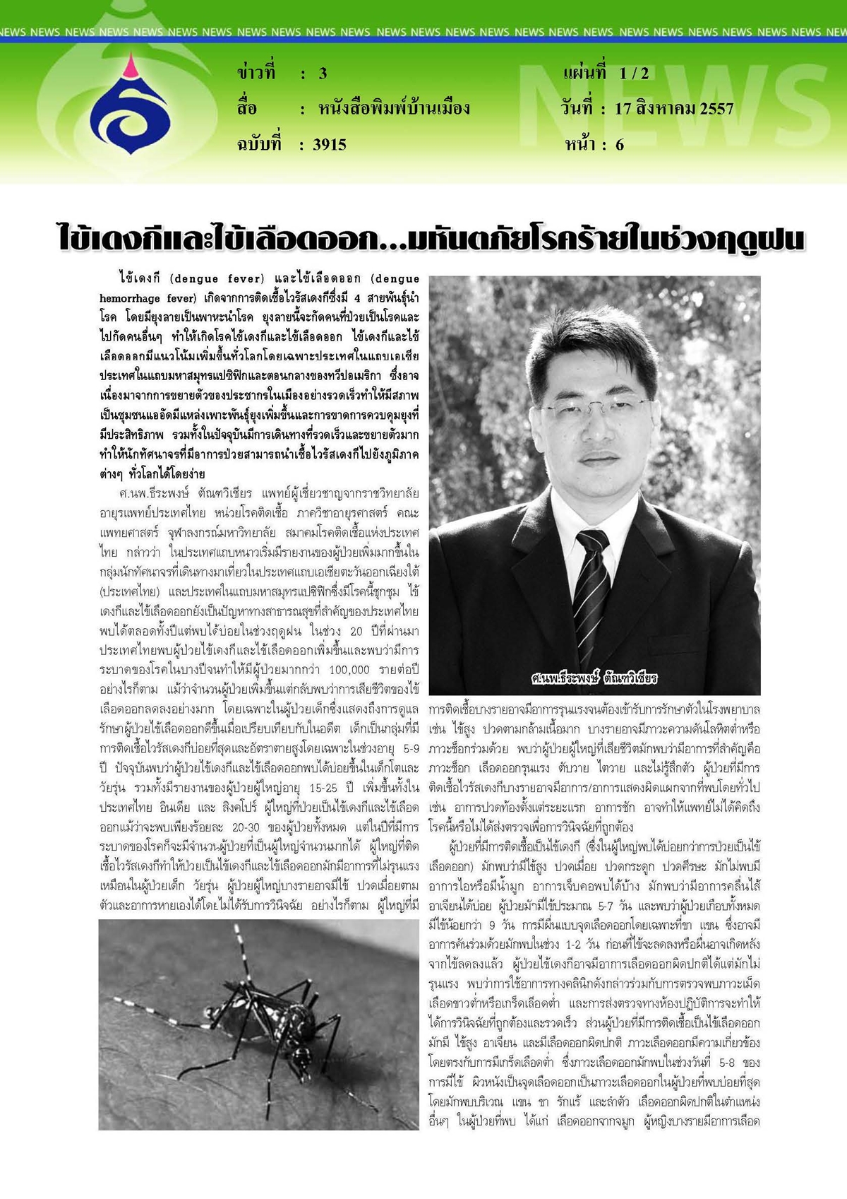 บ้านเมือง : ไข้เดงกีและไข้เลือดออก...มหันตภัยโรคร้ายในช่วงฤดูฝน