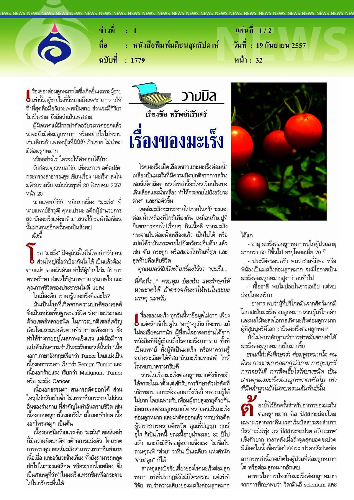 มติชนสุดสัปดาห์ : เรื่องของมะเร็ง