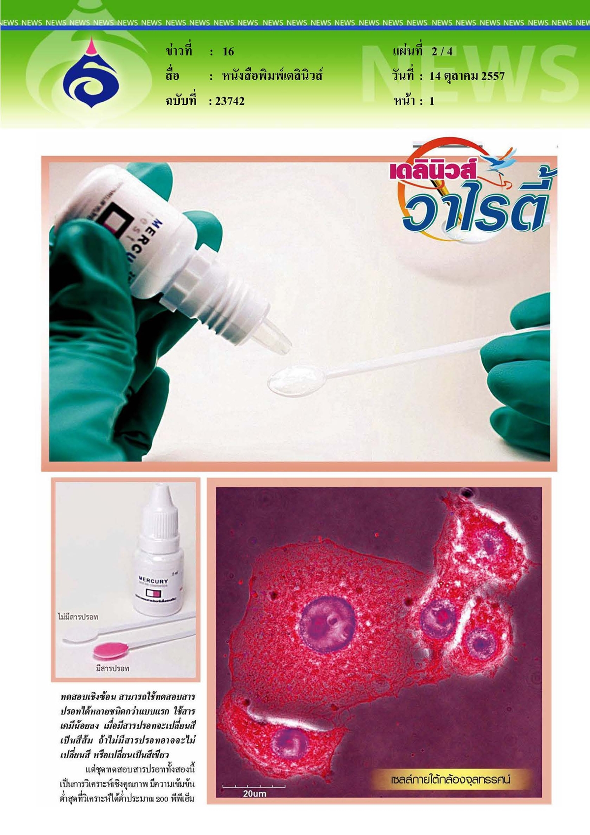 เดลินิวส์ : ตรวจสารปรอทในครีมผิวขาวด้วยตนเอง