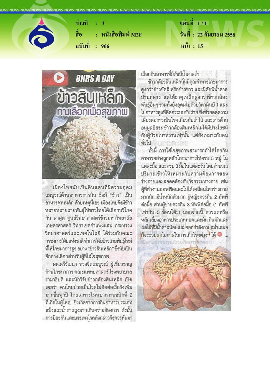 หนังสือพิมพ์ M2F ข้าวสินเหล็ก ทางเลือกเพื่อสุขภาพ