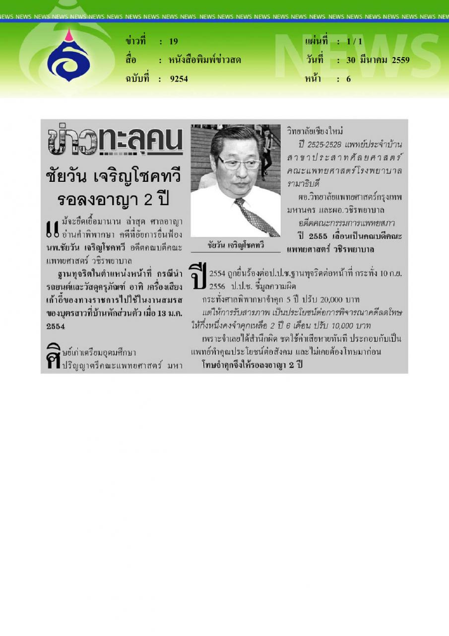 หนังสือพิมพ์ข่าวสด ชัยวัน เจริญโชคทวี รอลงอาญา 2 ปี