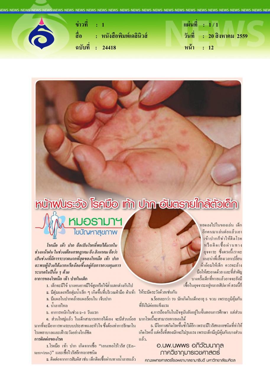 หนังสือพิมพ์เดลินิวส์ หน้าฝนระวัง โรคมือ เท้า ปาก อันตรายใกล้ตัวเด็ก