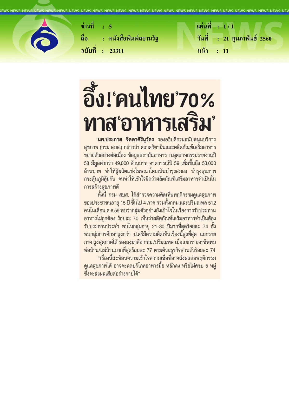 หนังสือพิมพ์สยามรัฐ, อึ้งคนไทย 70% ทาสอาหารเสริม